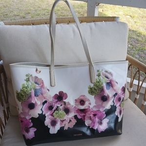 TED BAKER Abiah Floral Neapolitan Polyester Tote Handbag Black White Purple